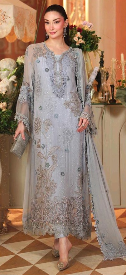 Abr — Dove grey walima dress for a wedding guest