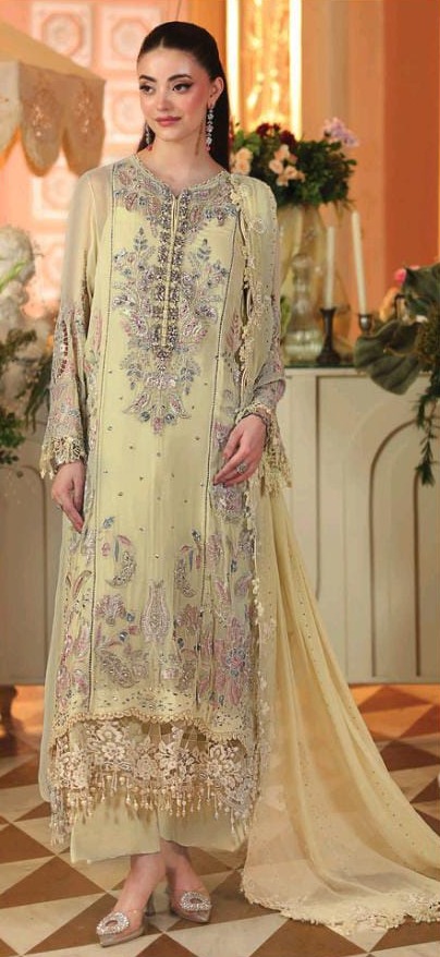 Sarson — Pale lemon mehndi dress for a wedding guest