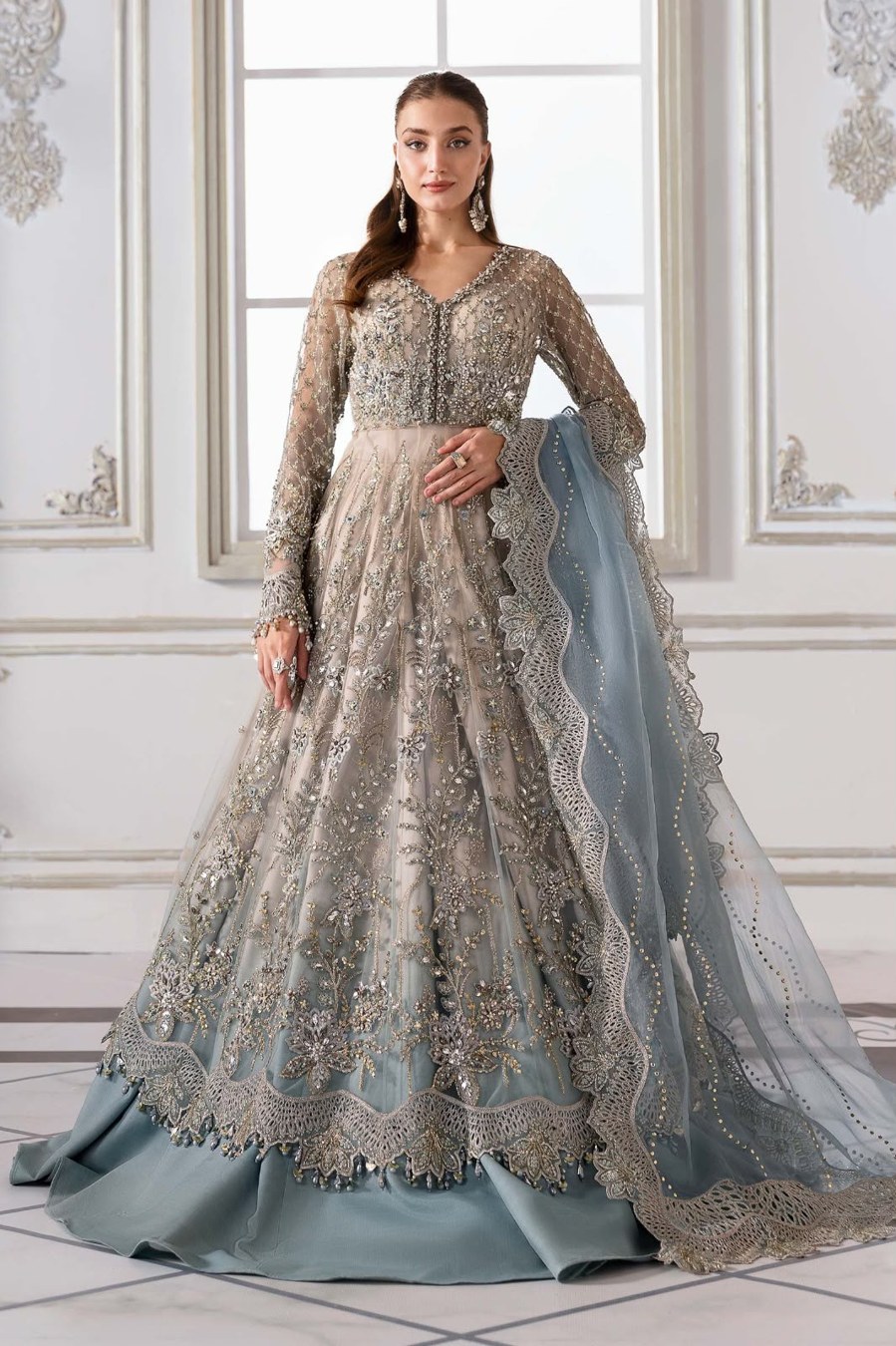 Jheel — Champagne & ice blue walima dress for a wedding guest