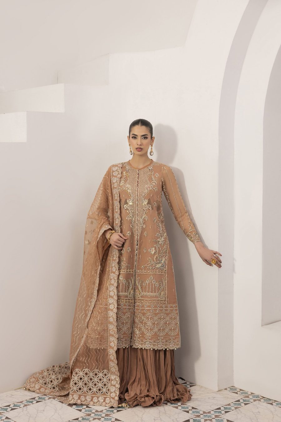 Qahwa — Light brown reception outfit for a wedding guest
